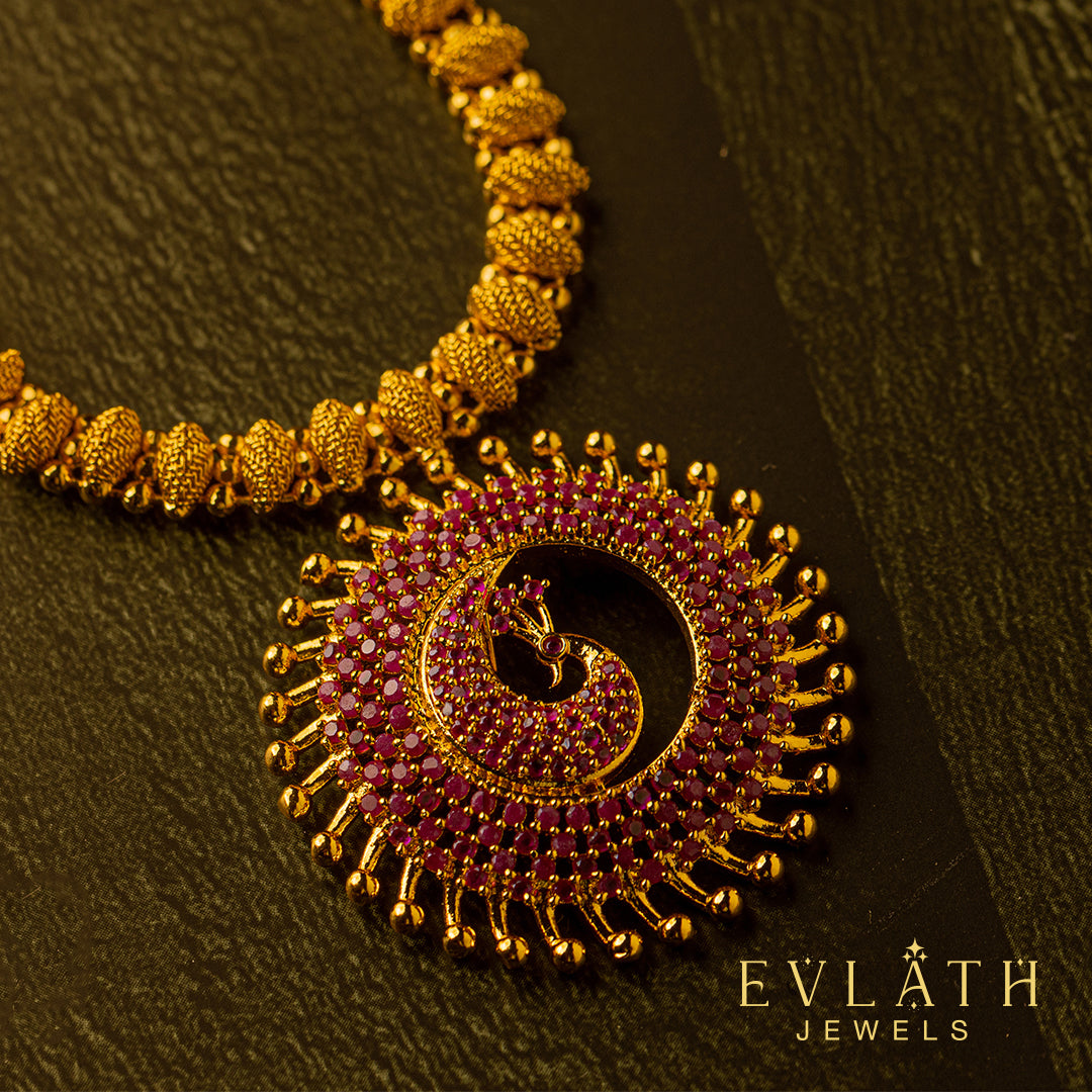 Premium quality gold-plated peacock ruby Stone pendant set - Evlath Jewels